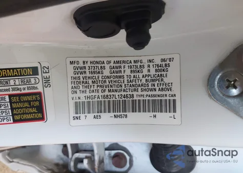 2007 Honda Civic Ex z USA, uszkodzony, nr VIN 1HGFA16837L124638